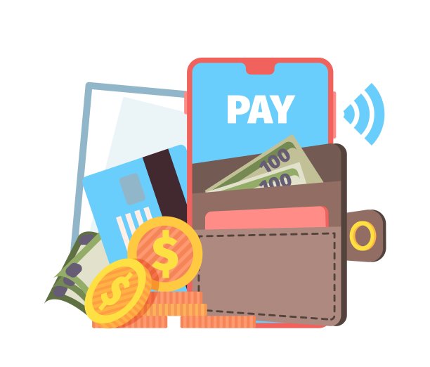 在线的钱包的概念。手机非接触式支付，钱包与现金在智能手机屏幕矢量插图图片下载