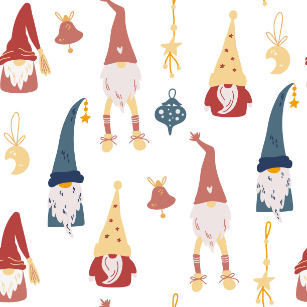 圣诞侏儒无缝模式。玩具、星星、月和丝带。斯堪的纳维亚圣诞节的背景重复。向量冬季假期打印纺织品，墙纸，织物。图片下载