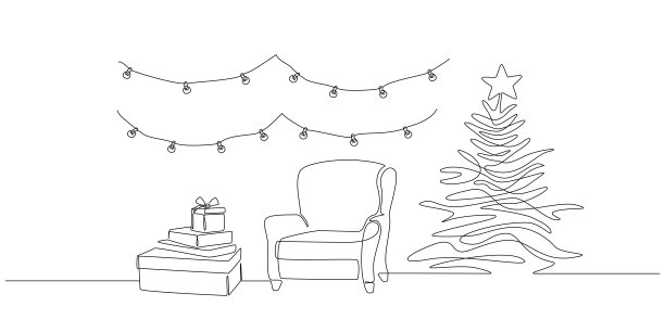 一个连续的线画的节日室内与扶手椅和圣诞树，礼品盒和花环。简单线性风格的客厅装饰时尚家具。矢量图图片下载