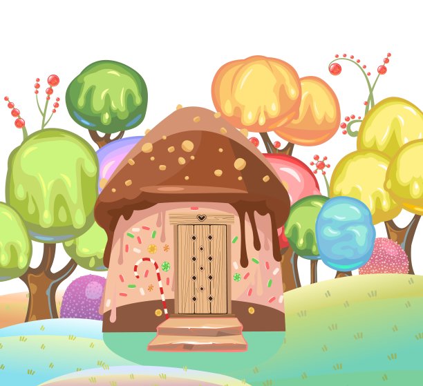 黄油和巧克力屋顶的家。甜蜜的焦糖仙子屋。夏天可爱的风景。插图采用卡通风格的平面设计。图片为儿童孤立在白色背景..向量图片下载