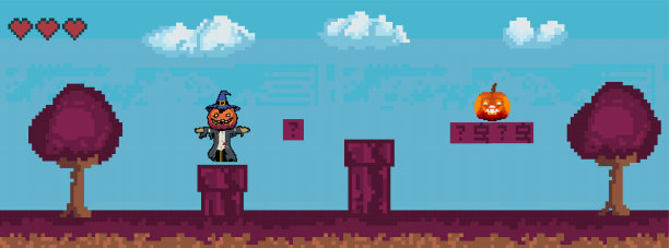 万圣节像素游戏。复古的艺术游戏。8-16位像素的平台游戏资源。矢量图图片下载