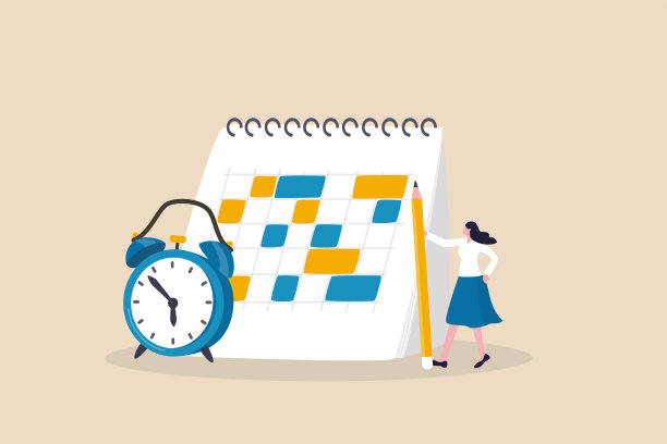 工作时间表或教学大纲日历，计划约会和事件，项目管理时间线，或商业截止日期提醒概念，女人手持铅笔与时间表日历和闹钟。图片下载