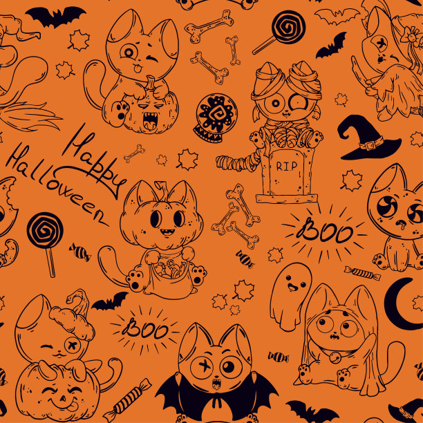 万圣节卡通无缝模式。向量无穷的橙色背景与猫，南瓜，蝙蝠，幽灵，糖果。动物节日的性质。图片下载