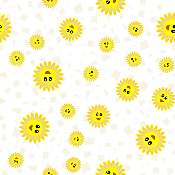 模式笑花。欢快的儿童纺织品绘画。洋甘菊正面的脸，雏菊般的微笑。花卉，酷，抽象无缝背景，装饰，封面，婴儿亚麻布。矢量插图。图片下载