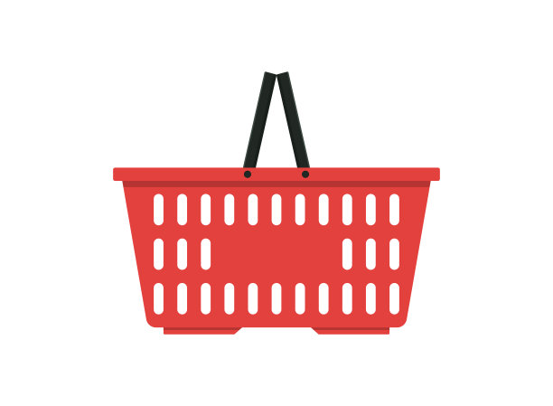 超市的红篮子。塑料商店篮子与手孤立在白色背景。市场图标，购物和购买。购物车购买，食品杂货和货物。空袋子装食物。平的标志。向量图片下载