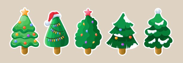 一套圣诞树符号与或没有装饰元素，抽象的冷杉树与花环和玩具。矢量插图。图片下载