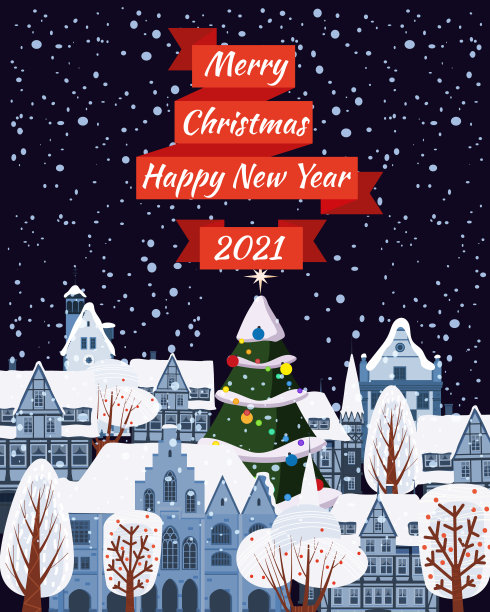 圣诞快乐新年海报，冬日旧城城景。城市景观贺卡。矢量插图卡通平面风格图片下载