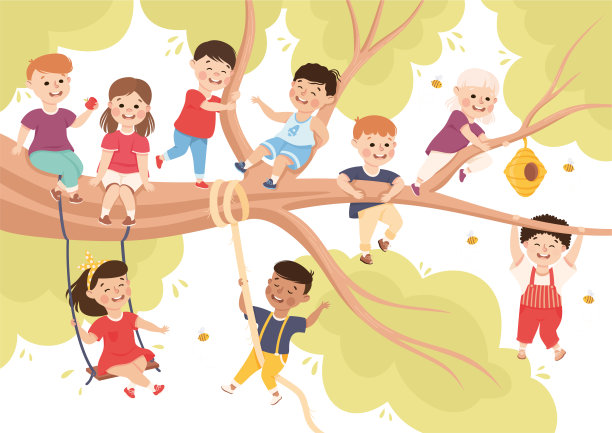 快乐的孩子在树枝上有乐趣享受夏天矢量插图图片下载