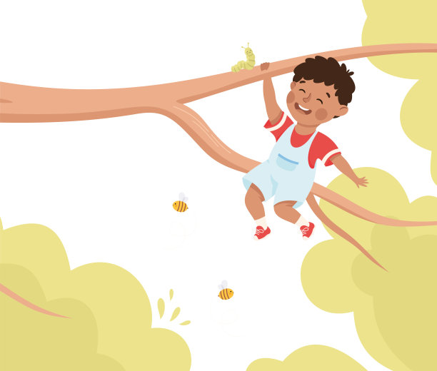 快乐的男孩挂在树枝上有乐趣享受夏天矢量插图图片下载