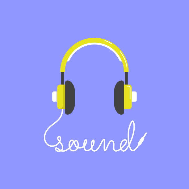 耳机图标在平面设计。耳机卡通插图象形图。音频小玩意的商业概念飞溅效应。声音这个词是通过音频连接器的线来写的。图片下载