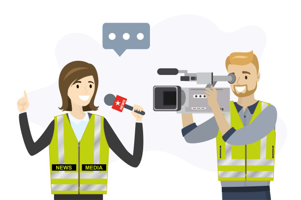 电视队穿着黄色背心。卡通女记者拿着麦克风说话。男性摄像师。记者拍摄的报告。图片下载