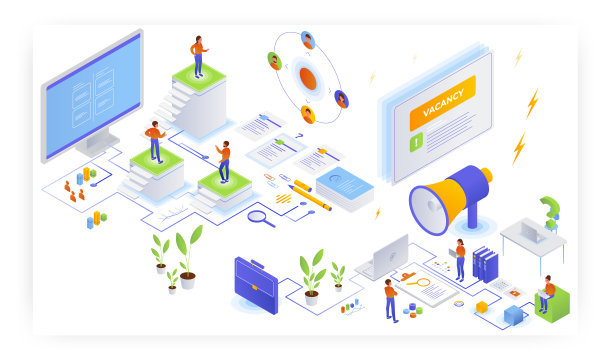 就业，矢量等距说明。免费空缺，简历，职业，人力资源，招聘，求职。图片下载