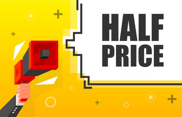 半价横幅模板。带扩音器的营销传单。等距和像素风格。零售推广和公告模板。矢量插图。图片下载