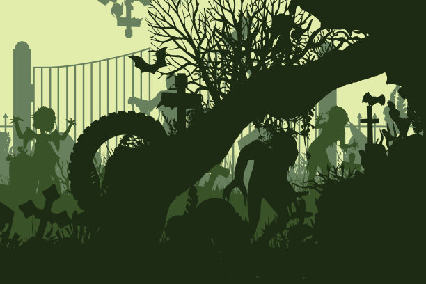 墓地里有僵尸和怪物，还有墓碑和十字架。向量图片下载