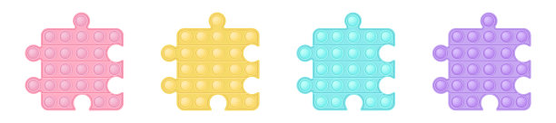 一套popit谜在风格一个时尚的硅坐立不安的玩具。令人上瘾的抗压力玩具粉彩-粉红色，蓝色，黄色，紫色。泡泡感官正在发育，给孩子的手指敲泡泡。孤立的矢量图。图片下载