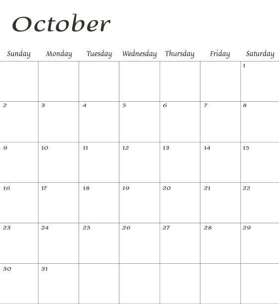 2022年10月。日历计划设计模板。星期从星期天开始。图片下载