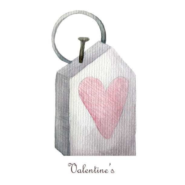 关键与心孤立在白色背景。水彩情人节剪贴画图片下载