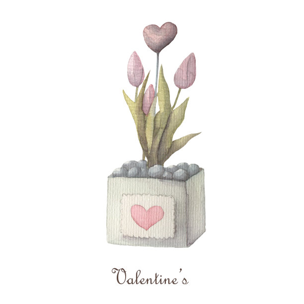 花盆与心形装饰隔离在白色背景。水彩情人节剪贴画图片下载