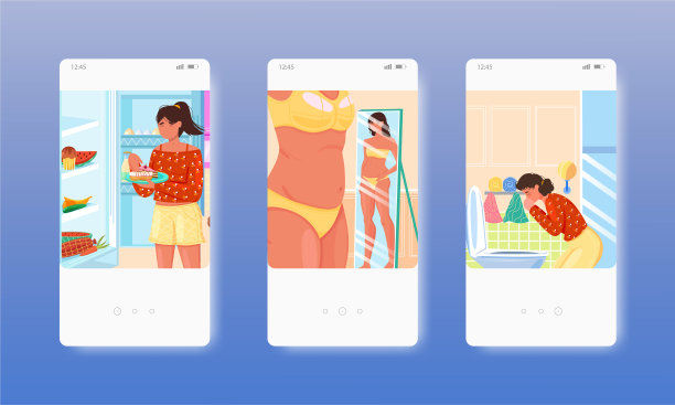 女性患有暴食症，饮食失调。移动应用程序屏幕，矢量网站横幅模板。UI，网站设计。图片下载