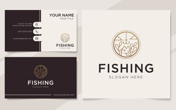 抽象钓鱼标志在黄金豪华风格和名片设计模板图片下载