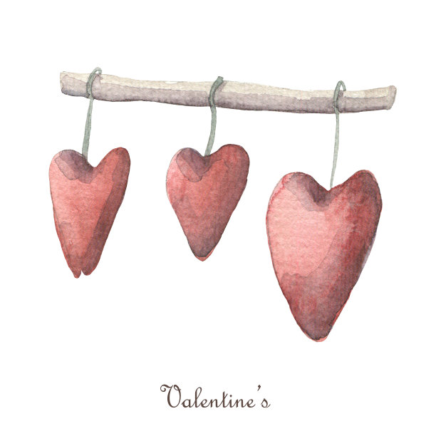 三颗心悬挂在白色背景上。水彩情人节剪贴画图片下载