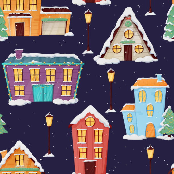 矢量圣诞无缝模式。寒假用雪和雪堆来装饰卡通房子。图片下载