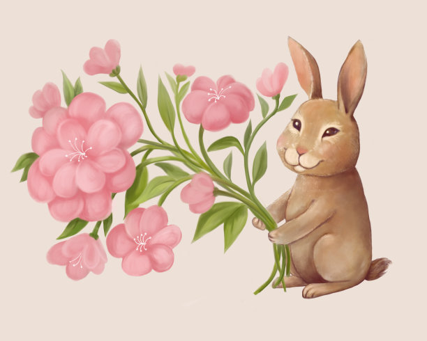 可爱美丽的手绘明信片。拿着一束花的野兔或兔子图片下载