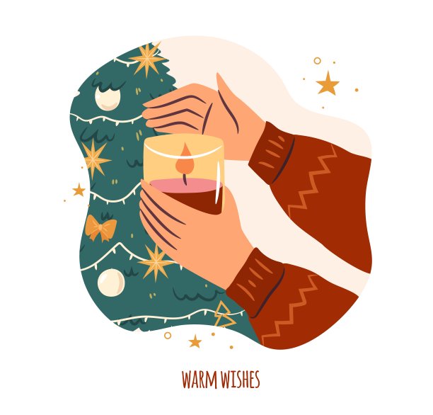 Hygge圣诞节。手里拿着蜡烛，背景是装饰过的圣诞树。平面向量插图图片下载