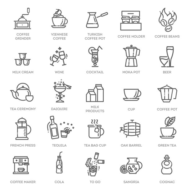 饮料-细线网络图标集。轮廓图标集合。简单的矢量图。图片下载