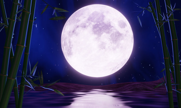 满月之夜或超级月亮倒映在海面上。这幅画的背景是竹子。禅意的形象看起来平静，竹树和水面。三维渲染图片下载