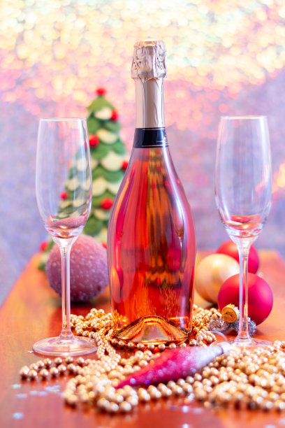 用香槟和两个长笛酒杯装饰新年。图片下载