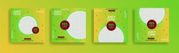 社交媒体贴模板设计芒果汁饮料，橙汁。背景色为橙色、黄色和绿色。适用于社交媒体、传单和网络广告。矢量图图片下载