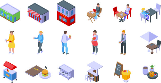 街头咖啡馆的图标设置等距成人城市图片下载