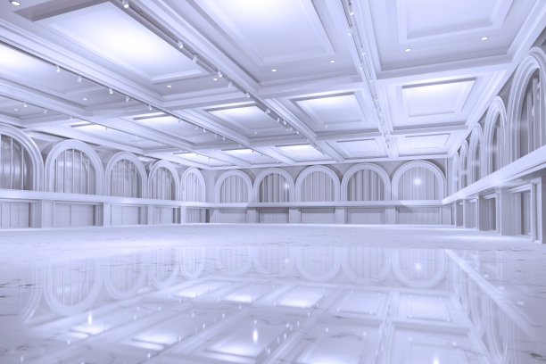 空荡荡的会议厅中心有舞台。展台背景、展台元素。会议室。用于娱乐、音乐会、活动的大竞技场。舞厅。3 d渲染。图片下载