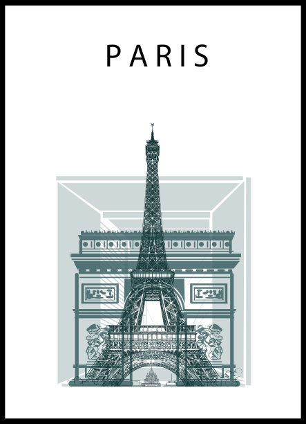 巴黎的海报，埃菲尔铁塔，凯旋门;大拱门和加冕罗勒心图片下载