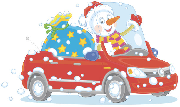 带着礼物的雪人开着玩具车图片下载