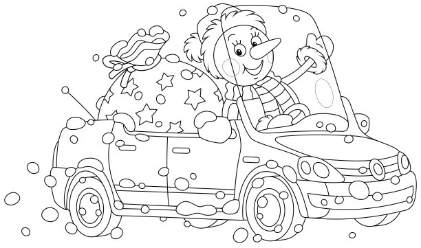 带着礼物的雪人开着玩具车图片下载