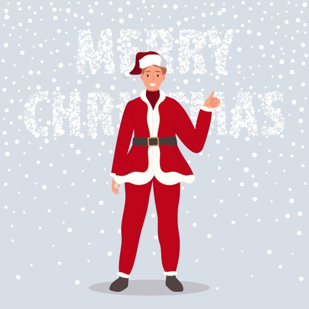 快乐的人穿着圣诞老人的衣服，在雪花的背景下圣诞快乐的概念。矢量图图片下载