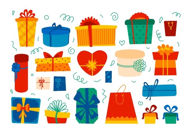 套五彩缤纷的礼盒，圣诞节装饰。卡通新年插图孤立在白色背景。向量图片下载