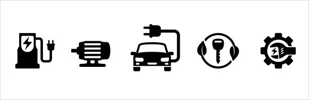 电动汽车矢量图标集。可再生电动汽车图标插图。包含汽车、环保按键符号、电机、充电站、维修等图标图片下载