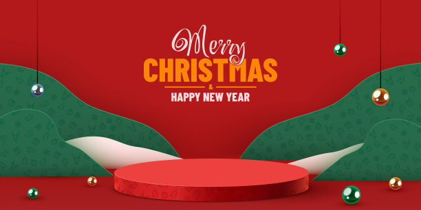 模拟场景。用于化妆品和产品展示的讲台。舞台底座或平台。冬季圣诞节红色背景与圣诞树。图片下载