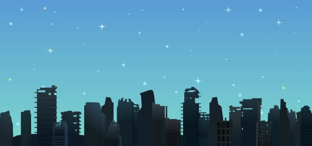 废墟城市的夜晚剪影。灾难现场。文明在战争或环境灾难中死亡。平的风格。向量图片下载