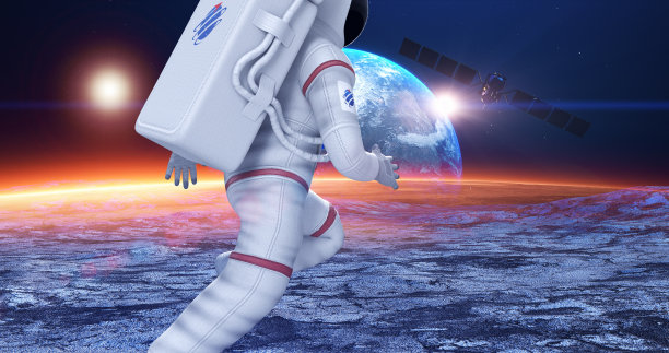 在行星表面奔跑的宇航员与地球图片下载