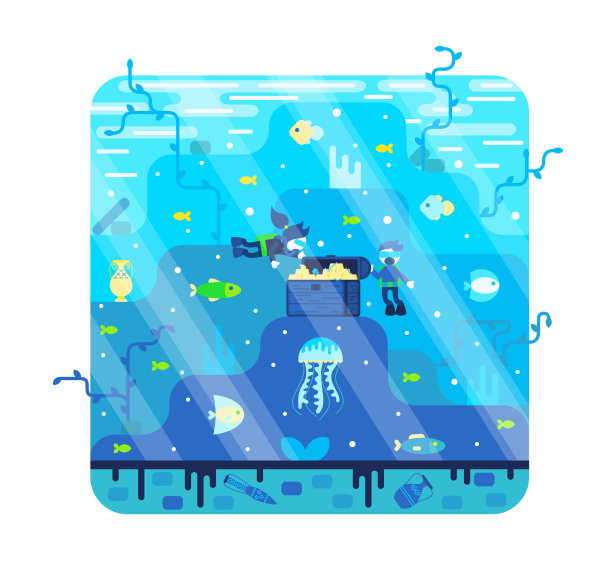 两个戴水肺的小潜水员靠近海底的宝箱。矢量卡通插图在平坦的风格。图片下载