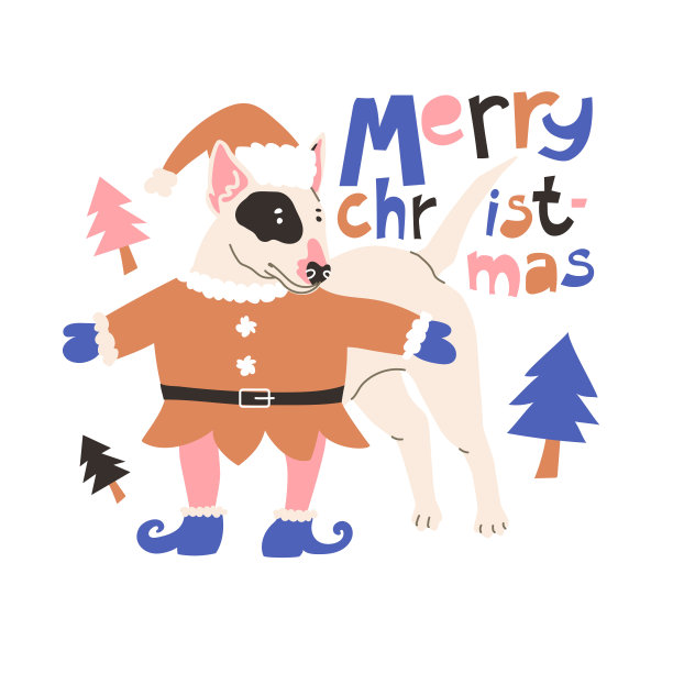 穿着节日精灵服装的黄油狗。引用圣诞快乐。庆祝节日和新年。平面风格的矢量插图。孤立在白色背景中。圣诞树，小狗，化装舞会。图片下载