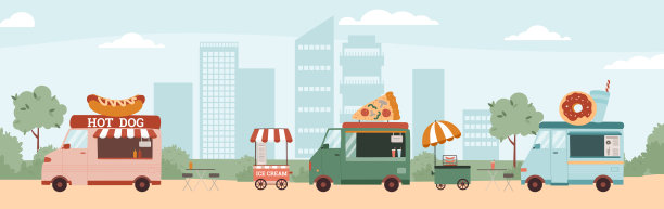 在城市的街头食物线或节日场地，平面矢量插图。图片下载