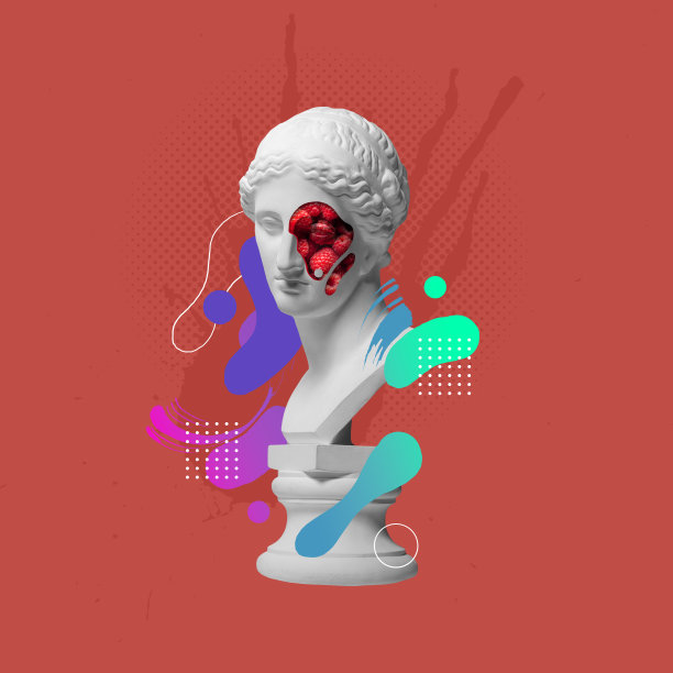 当代艺术拼贴的古董雕像半身像与覆盆子和彩色飞溅元素孤立在红色背景图片下载