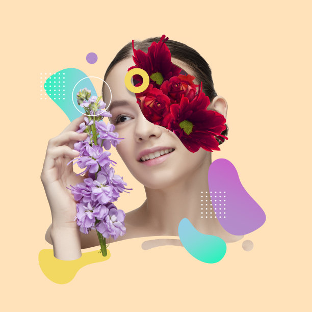 当代艺术拼贴美丽的女孩与温柔的花朵和彩色飞溅孤立在柔和的背景图片下载