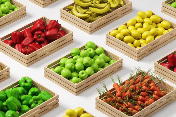 木箱装蔬菜和水果出售。时令果蔬概念，健康饮食。三维渲染图片下载