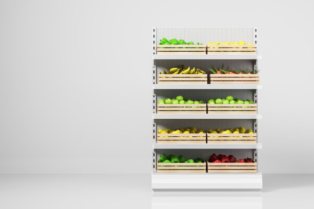 逼真的超市货架与木制的盒子在白色的背景。出售时令蔬果、健康食品的理念。模拟。3 d渲染。图片下载